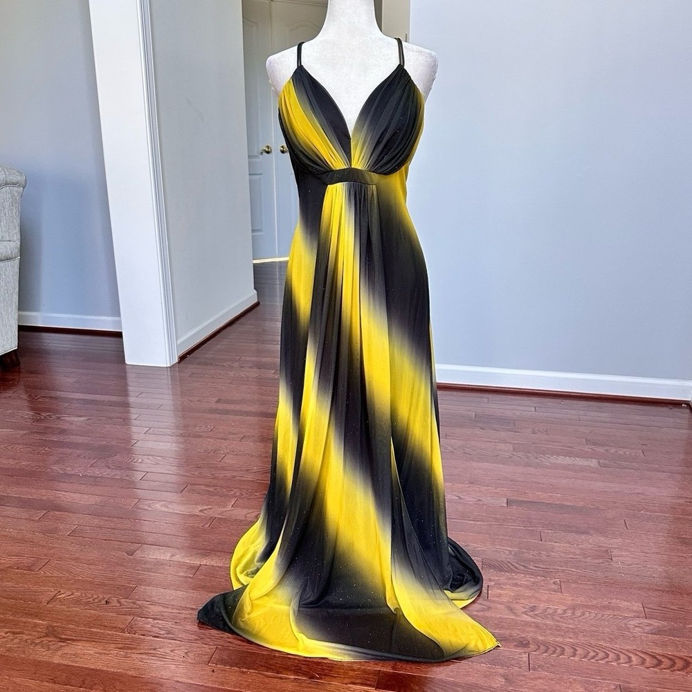 Vintage 2000s Fiesta Black Yellow Glitter Ombré Plunge Sexy Gown Dress Size XL